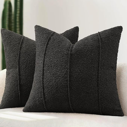 YCOLL Textured Boucle Throw Pillow Covers 22x22 Pack of 2 - Soft Neutral Striped Cushion Covers, Cozy Accent Decorative Pillow Covers for Couch, Sofa, Bed, Living Room (Black)