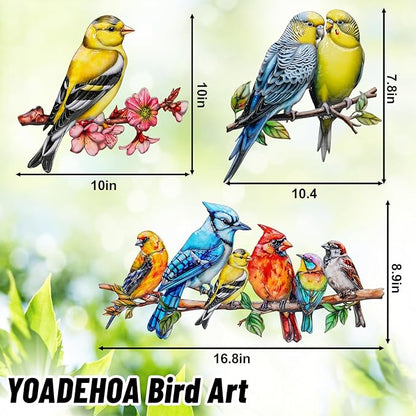 Metal Wall Art Decor Birds on Branch, 3D Colorful Bird Outdoor Hanging Wall Art Patio Fence Decorations, Hummingbird Wall Sculptures for Indoor Outdoor Garden (Birds C)
