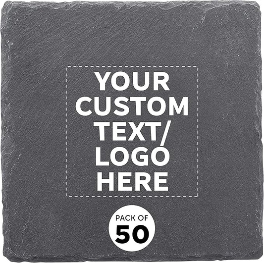 Custom Sohag Square Slate Coasters Set of 50, Personalized Bulk Pack - Table Decor, Kitchen Decor, Wedding Favors - Black