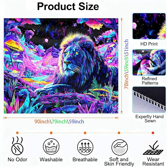 seewan Black Light Lion Tapestry, Colorful Abstract Beast Art Tapestry, Glow-in-the-Dark UV-Reactive Black Light Standing Tapestry, Starry Sky Wall Hanging, Bedroom Dorm Living Room Background Decor