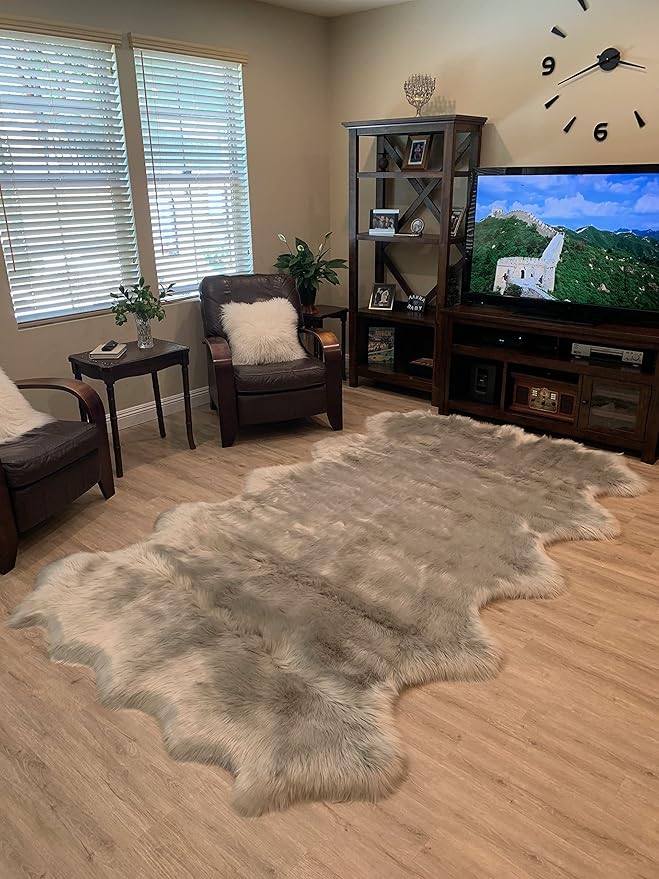 LAMBZY Faux Sheepskin Super Soft Hypoallergenic Silky Shag Rug for Living Room, Kids Room, Sofa (Decto 10 Pelts 6'x10', Grey)