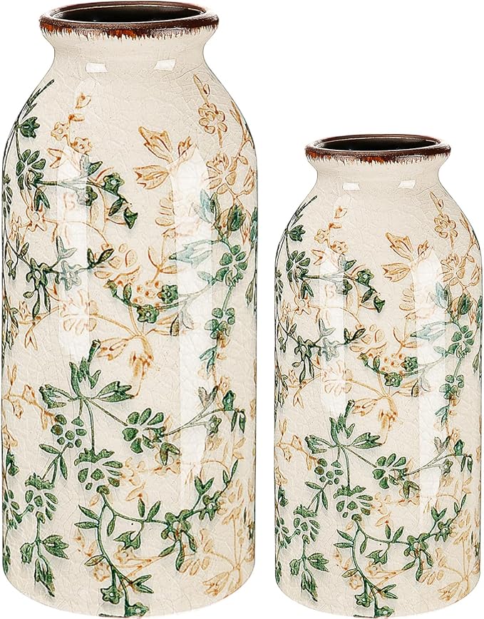 2 Pcs Vintage Ceramic Flower Vase Chinoiserie Antique Floral Vase Rustic Boho Farmhouse Decor for Home Table Bookshelf Aesthetic Centerpiece Gift (6.1 Inches/7.8 Inches)
