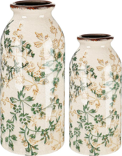 2 Pcs Vintage Ceramic Flower Vase Chinoiserie Antique Floral Vase Rustic Boho Farmhouse Decor for Home Table Bookshelf Aesthetic Centerpiece Gift (6.1 Inches/7.8 Inches)