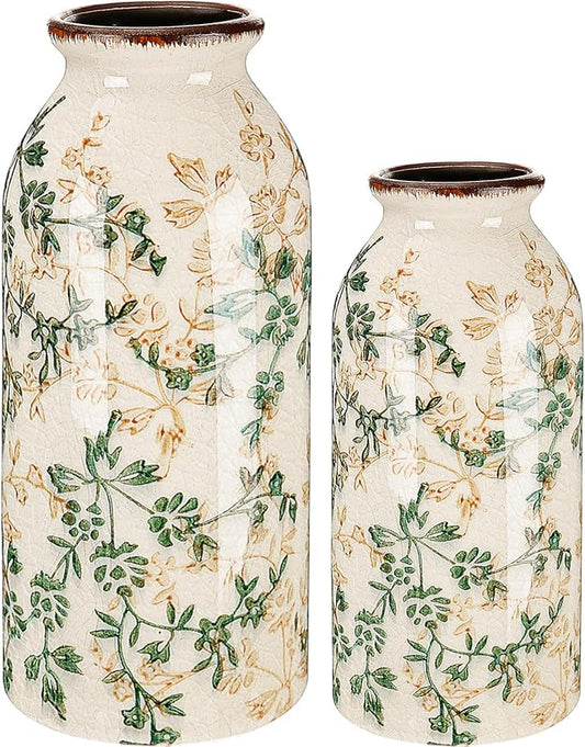 2 Pcs Vintage Ceramic Flower Vase Chinoiserie Antique Floral Vase Rustic Boho Farmhouse Decor for Home Table Bookshelf Aesthetic Centerpiece Gift (6.1 Inches/7.8 Inches)