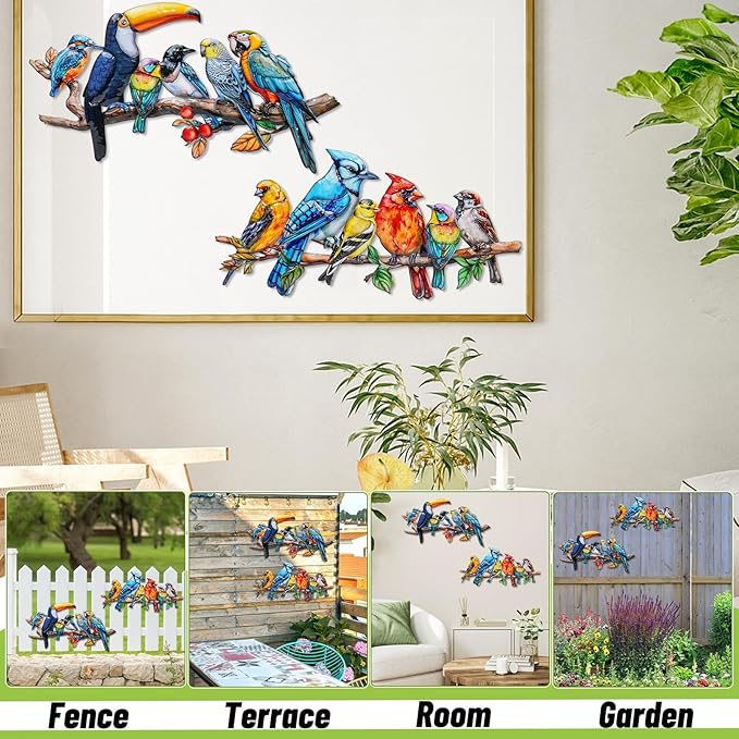 2Pcs Metal Bird Outdoor Wall Art Decor, Hummingbird Wall Silhouette Art, Bird on Branch Wall Sculpture Hanging Indoor Outdoor for Yard Garden and Patio (Birds D)