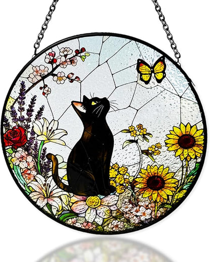 Cat Stained Glass Suncatcher Window, Hanging Sun Catchers Indoor Window, Suncatcher for Mom/Women (Black)