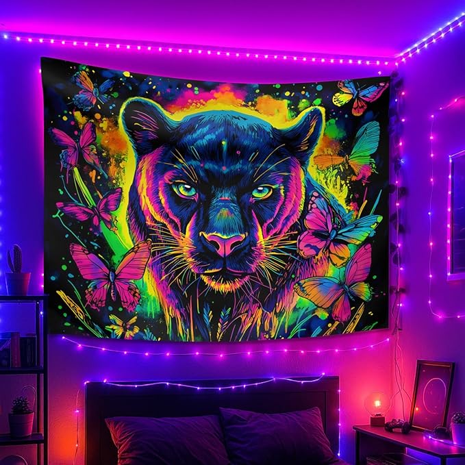 seewan Black Light Black Panther Tapestry, Glow-in-the-Dark UV Neon Butterfly and Black Panther Wall Hanging, Psychedelic Animal Art Tapestry, Bedroom Dorm Living Room Background Decor