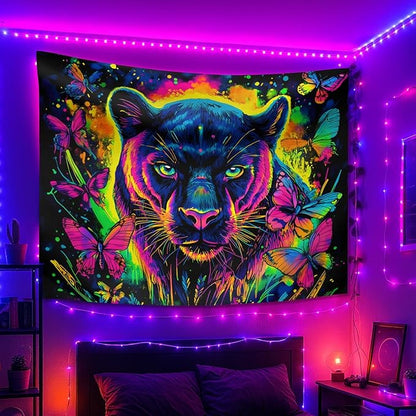 seewan Black Light Black Panther Tapestry, Glow-in-the-Dark UV Neon Butterfly and Black Panther Wall Hanging, Psychedelic Animal Art Tapestry, Bedroom Dorm Living Room Background Decor