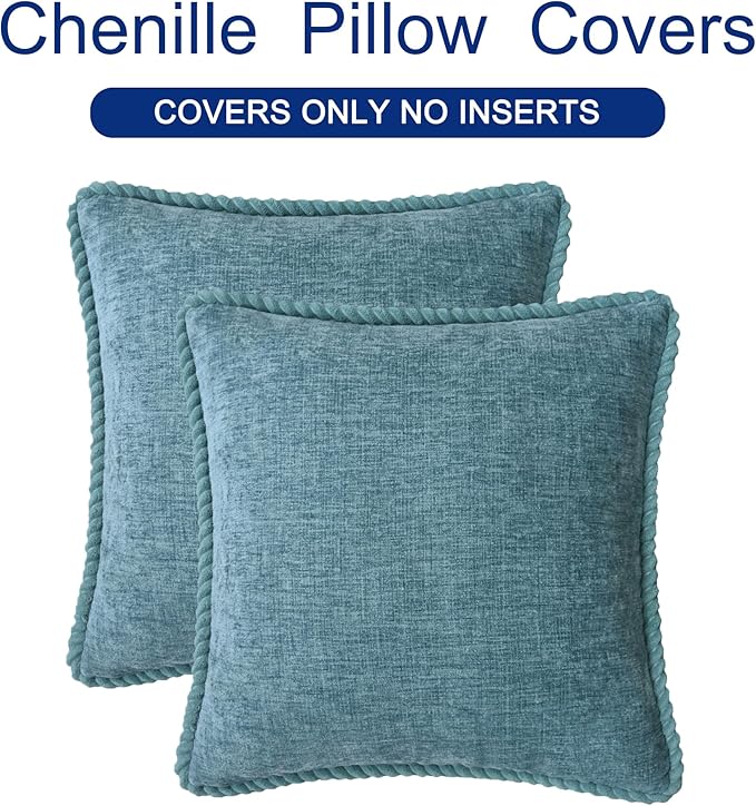 CaliTime Decorative Couch Throw Pillow Covers 18 X 18 Inches Pack of 2 Cozy Chenille Piping Edge Cushion Cases for Sofa Bed Living Room Home Smoke Blue