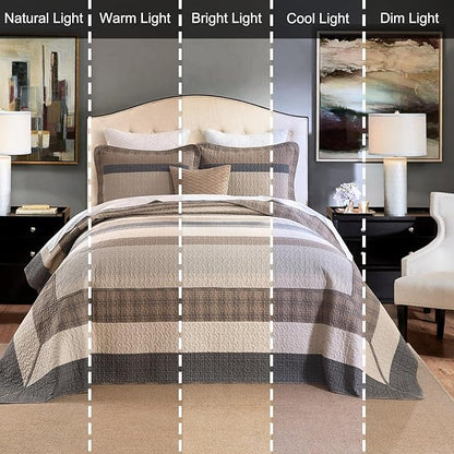EWlinens Oversized California King Bedspread Set 120"x128" - 100% Cotton Extra Large Quilts Cal King Size, Farmhouse Patchwork Striped Plaid Bedspreads for All Season, 3 Pieces, Dark Brown/Beige/Gray