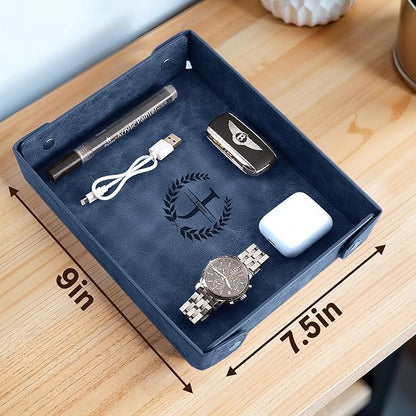 Engraved Leather Valet Tray for Men – Personalized Catchall with Custom Name for Desk, Dresser, Nightstand – Men's Organizer Tray for Keys, Wallet, Jewelry, Personalized Gift for Home, Office - Blue