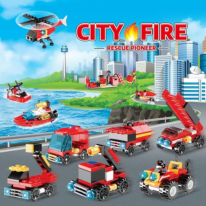 Fire Truck and Construction Play Vehicles Building Blocks Advent Calendar, 24 Days Christmas Countdown Calendar for Kids Boys