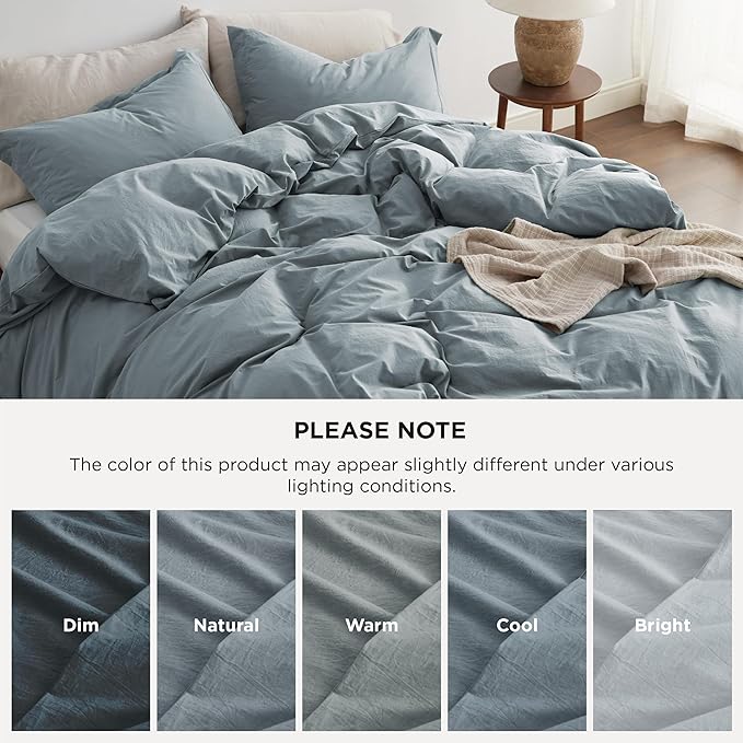 Bedsure 100% Washed Cotton Duvet Cover King Size - Dusty Blue Minimalist Cotton Duvet Cover Linen Like for All Seasons - GentleSoft™ Plain Simple Bedding (Dusty Blue, King, 104"x90")