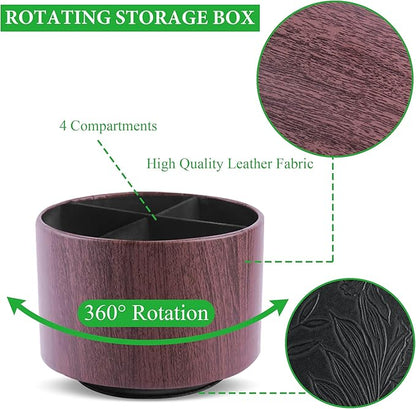 Round Leather Art Supply Organizer,Remote Control Holder,360 Degree Spinning,Multi-Functional Pencil Holder,4 Compartments Desktop Stationary Organizer(1-Thin Wood Dark Brown)