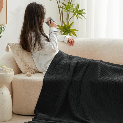 Love's cabin 6 Layer 100% Cotton Muslin Blanket, 60"x80" Twin Muslin Blanket for Couch Bed, Lightweight and Breathable Cotton Gauze for Adult, Black