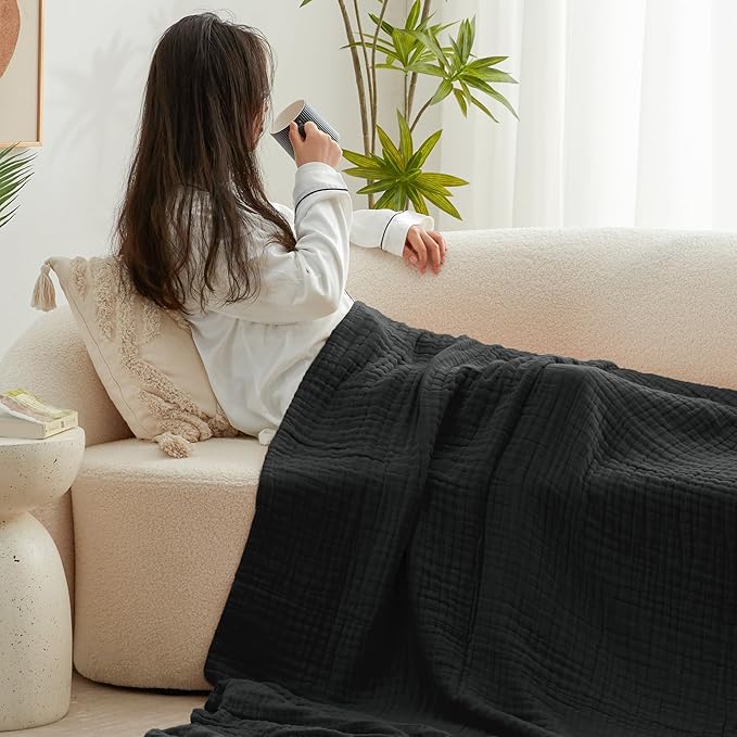 Love's cabin 6 Layer 100% Cotton Muslin Blanket, 90"x90" Muslin Blanket Queen for Couch Bed, Lightweight and Breathable Cotton Gauze for Adult, Black