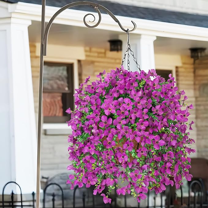 Artificial Hanging Flowers Plants with Basket for Outdoors, Realistic Faux Silk Daisy Flower Eucalyptus for Spring Decor, UV Resistant Fake Plants for Porch Patio Yard Balcony, Purple
