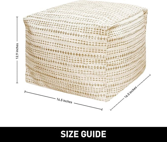 Chardin home Unstuffed Ottoman, Cozy & Bohemian Pouf Covers, Hand Crafted Casual Seating, Footrest, Square Floor Pillow for Home, Office, Bedroom, Living Room, 16.5" x 16.5"x 12.9", Beige-Off White