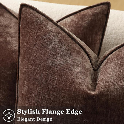 decorUhome Spring Couch Throw Pillow Covers 16x16 Set of 2, Decorative Soft Velvet Neutral Chenille Pillow Covers with Elegant Design for Sofa Bed Living Room Home Decor, Dark Brown