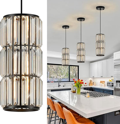 Black Pendant Lighting, Modern Crystal Mini Pendant Light Fixture, Adjustable 3-Pack Chandeliers for Kitchen Island, Dining Room, Bedroom