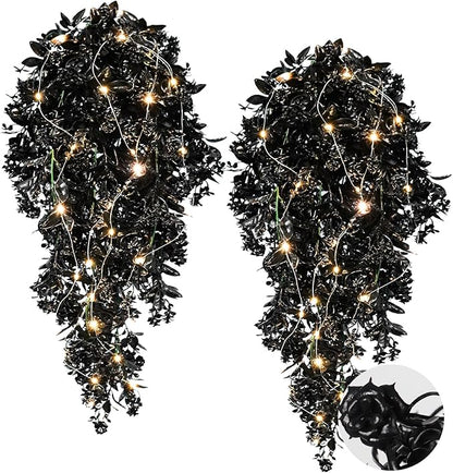 RECUTMS Black Fake Hanging Plants Realistic Artificial Hanging Plants Outdoor with LED String Lamps Hanging Leaves Vines Plastic Rose Flowers All Year Round Decor for Halloween (Black)