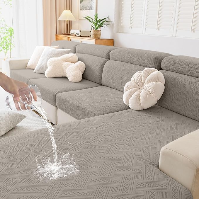 hyha Waterproof Couch Cushion Covers for Sectional Sofa, Sofa Slipcover Washable, Sectional Chaise Lounge Couch Covers L Shape for Pets with Elastic Bottom(Chaise, Taupe)