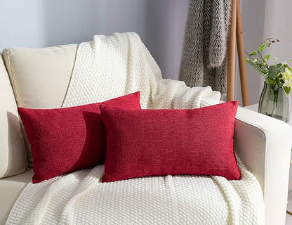 Stellhome Christmas Decorative Rectangle Linen Throw Pillow Covers Solid Farmhouse Burlap Pillowcase for Home Decoration, Set of 2, 12 x 20 inch (30 x 50 cm), Red