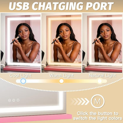 FENNIO Vanity Mirror with Lights 23"x18", Lighted Makeup Mirror, Large Vanity Mirror, Touch Sensor with 3-Color Lighting, 10X Magnification and USB Charging Port for Vanity Desk（Square Pink）
