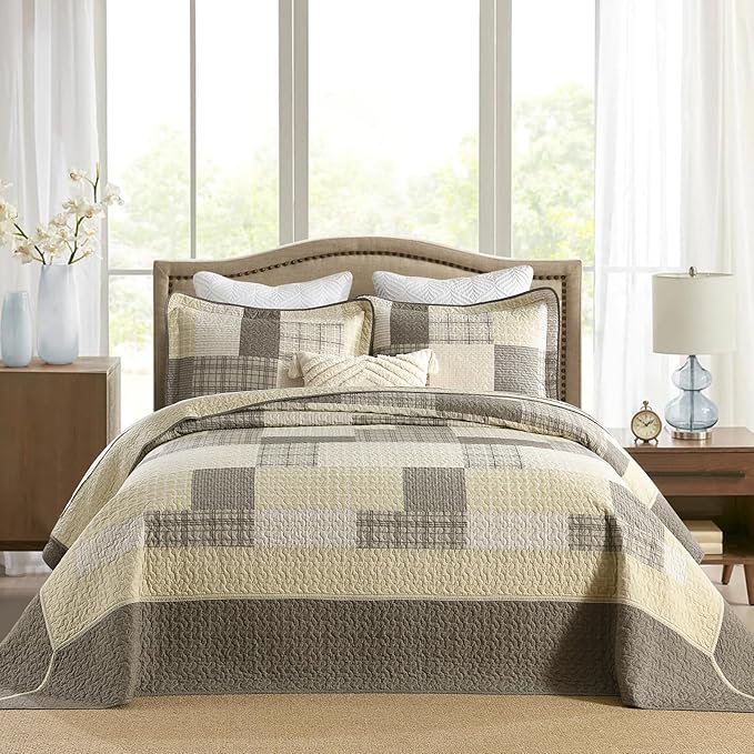 Oversized Bedspread Quilt 120x120-100% Cotton Plaid King Bedspreads Coverlet, Farmhouse Quilted Bedding Cover for All Season, Reversible, Lightweight, 3 Piece, Brown/Beige
