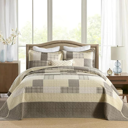 Oversized Bedspread Quilt 120x120-100% Cotton Plaid King Bedspreads Coverlet, Farmhouse Quilted Bedding Cover for All Season, Reversible, Lightweight, 3 Piece, Brown/Beige