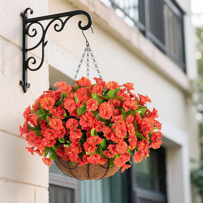 Artificial Fall Hanging Flower Plants with Basket for Summer Autumn Outdoor Decoration, Faux Petunias Flowers Fake Morning Glories Planter for Outside Patio Garden Porch Balcony Yard Decor(Orange)