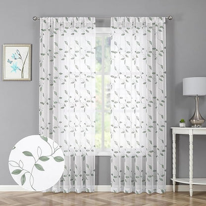 Tollpiz Sage Green Leaf Sheer Curtain Leaves Embroidered Living Room Curtains Rod Pocket Voile Window Treatment for Bedroom, 54 x 72 inches Long, Set of 2 Panels