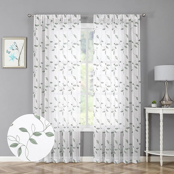 Tollpiz Sage Green Leaf Sheer Curtain Leaves Embroidered Bedroom Curtains Rod Pocket Voile Window Treatment for Living Room, 54 x 95 inches Long, Set of 2 Panels