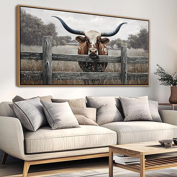 Highland Cow Wall Art - Rustic Farmhouse Wall Art for Country Wall Decor, Vintage Artwork for Walls, Framed Pictures for Living Room, Large Canvas painting for Bedroom Above Bed 29×58IN