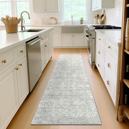 Washable Runner Rug, 2.5'x8' Vintage Kitchen Runners Non-Slip Foldable Hallway Runner Rug for Entryway, Laundry, Bedroom, Light Blue