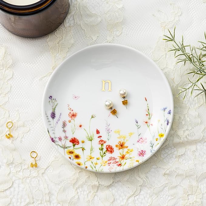 Crisky Initial Jewelry Tray Ring Dish & Gift Box, Ceramic Flower Trinket Dish for Rings Earrings Necklaces Keys, Bridal Shower Engagement Birthday Gift for Women, Friends 4.57" (Gold Foil N