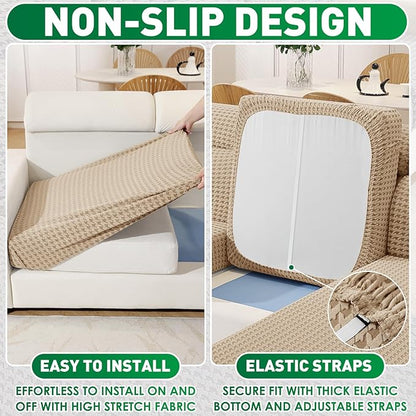 MAXIJIN Couch Cushion Covers for Sectional Sofa, Stretch Sofa Cushion Cover Washable Furniture Protector with Elastic Bottom & Non-Slip Strap for Pets Kids (3PC Seat Cover, Khaki)