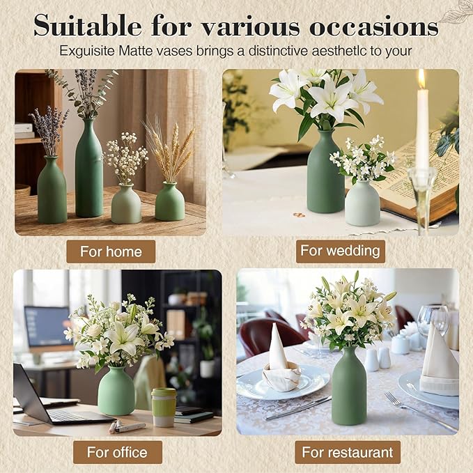 Dandat Ceramic Vase Set of 4, Modern Decorative Ceramic Vases Rustic Pottery Centerpiece Table Decor for Farmhouse Bouquet Pampas Grass Dried Fresh Flowers, Living Room, Kitchen, Bedroom(Green)
