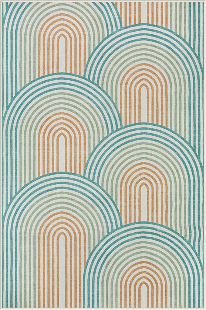 Moynesa Abstract Rainbow Washable Area Rug 6x9, Soft Ultra-Thin Rugs for Bedroom Boys Non Slip Playroom Rug, Mid Century Modern Colored Orange Green Large Carpet for Living Room Nursery