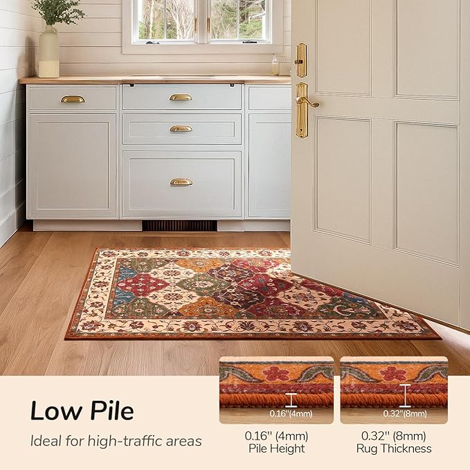 Lessymo Hallway Runner Rug, 2x5 Washable Runner Rugs for Entryway Kitchen Bathroom Corridor - Faux Wool Non-Slip Indoor Door Mat Low Plie Stain Resistant Boho Rug Moroccan, Classic Red and Cream