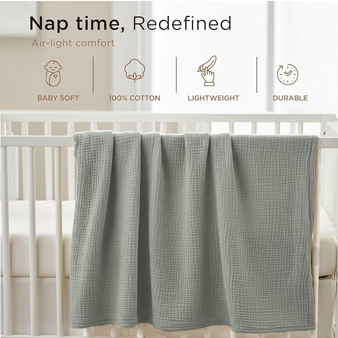 Threadmill Muslin Baby Blanket | 4 Layer Swaddle Blankets for Newborns| Multi-Use Muslin Blankets 41 x 37| Ultra-Soft Breathable Baby Wrap for Boys & Girls| Registry Essential| Scottish Grey