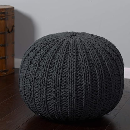 LR Home Black Cableknit Cotton Round Ottoman for Home Decor | Hand-Made Casual Foot Rest for Bedroom & Living Room Decor | 20 x 20 x 16 Stuffed Pouf for Seating