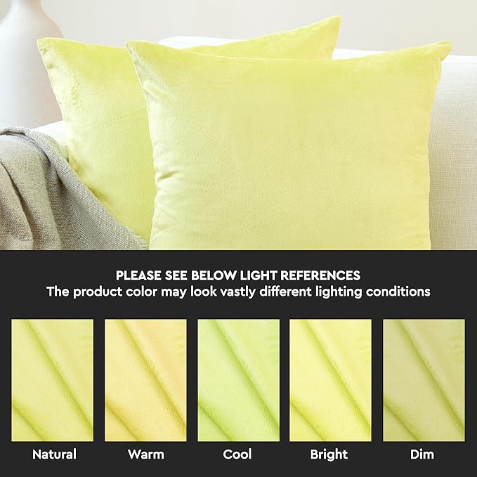 Encasa XO Velvet Throw Pillow Covers 22x22 in (55x55 cm) - Pale Lime - No Inserts, Pack of 2 Cases | Solid Plain Dyed Soft & Smooth, Square Decorative Cushion Covers for Living & Bedroom