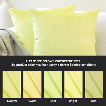 Encasa XO Velvet Throw Pillow Covers 12x12 in (30x30 cm) - Pale Lime - No Inserts, Pack of 2 Cases | Solid Plain Dyed Soft & Smooth, Square Decorative Cushion Covers for Living & Bedroom