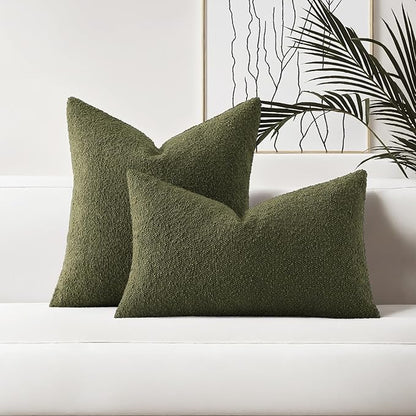 HAUSSY Set of 2 22x22 Decorative Throw Pillow Covers, Soft Cozy Textured Boucle Couch Cases, Home Decor for Couch Bed Living Room, Moss Green