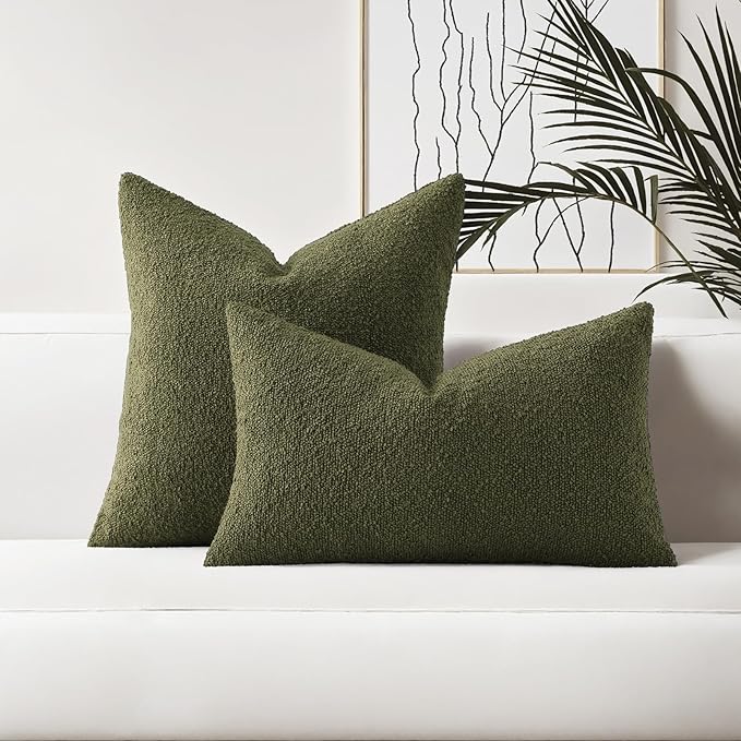 HAUSSY Set of 2 24x24 Decorative Throw Pillow Covers, Soft Cozy European Pillow Shams Textured Boucle, Home Decor for Couch Bed Living Room, Moss Green