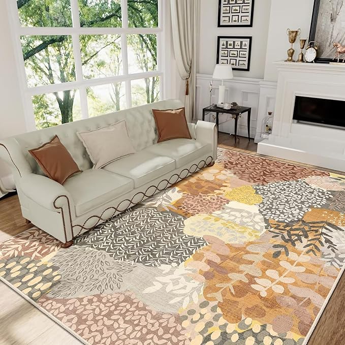 DEXDE 8x10 Area Rug, Fall Soft Washable Abstract Area Rugs Non-Slip Vintage Boho Rug Leaves Floral Print Carpet for Living Room, Bedroom, Entryway, Office,Dining Room, Kids Playroom, Camel