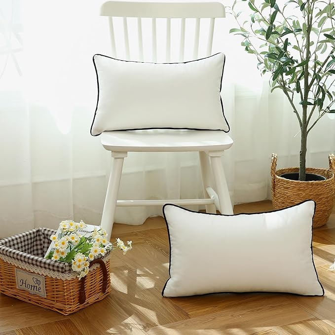 LIGICKY Set of 2 White Velvet Lumbar Pillow Covers Modern Minimalist Style Solid Decorative Black Rope Edging Soft Rectangle Cushion Cases for Sofa Bedroom Party Décor, 12 x 24 inch