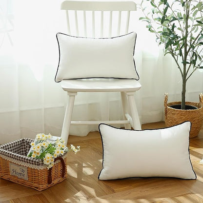 LIGICKY Set of 2 White Velvet Lumbar Pillow Covers Modern Minimalist Style Solid Decorative Black Rope Edging Soft Rectangle Cushion Cases for Sofa Bedroom Party Décor, 12 x 24 inch