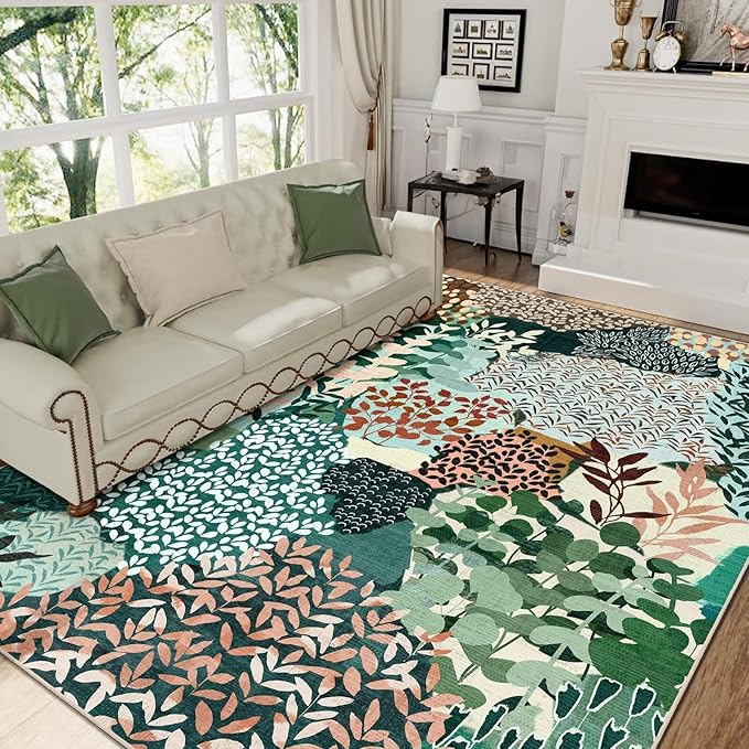 DEXDE 8x10 Area Rug, Soft Washable Abstract Area Rugs Non-Slip Vintage Boho Rug Leaves Floral Print Carpet for Living Room Bedroom Office Dining Room Playroom, Dark Green